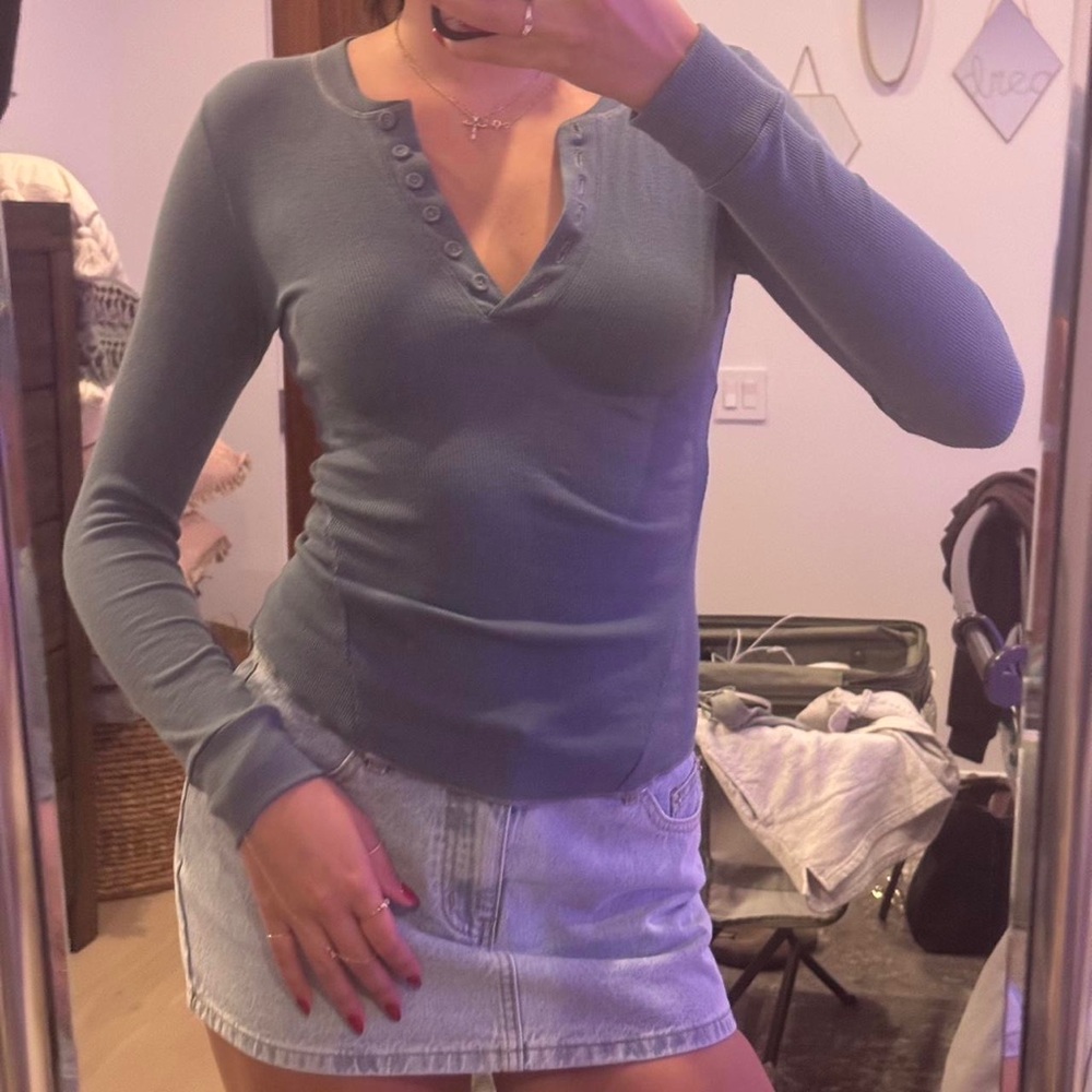 SKIMS Fitted Ribbed Long Sleeve Blue Top